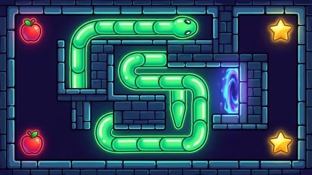 Snake 2 - Snake grew up: portals, maze bricks and golden bonuses.